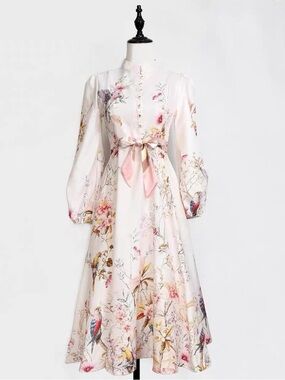 Designer-style Floral Belted Midi Dress in Ivory and Pink